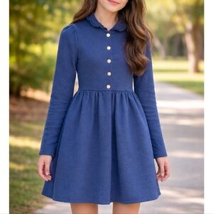 Little Lass Blue Coat Dress Sz12 Girls Gold Button Preowed